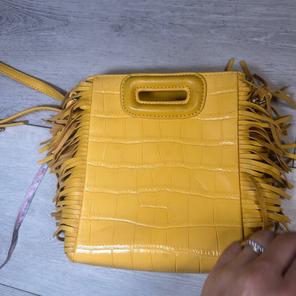 Maje mini embossed leather M bag cross body shoulder handbag yellow purse fringe - Picture 14 of 15